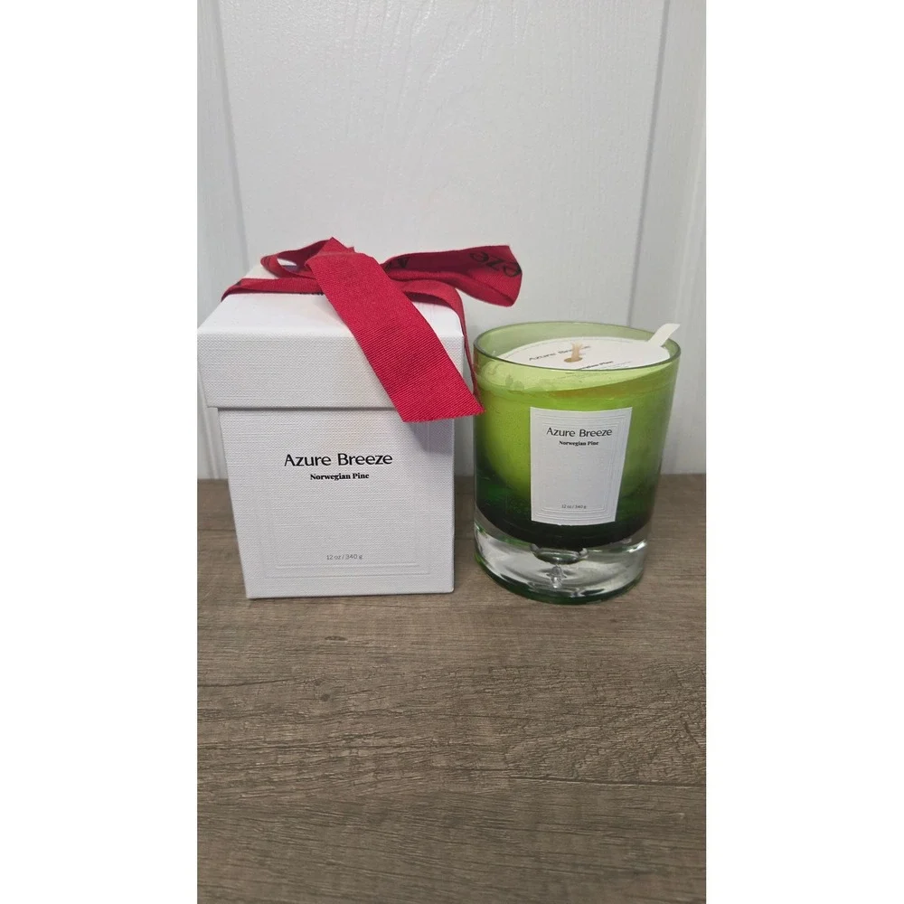 Azure Breeze Norwegian Pine Scented Candle 12oz Green Glass Jar with Gift Box